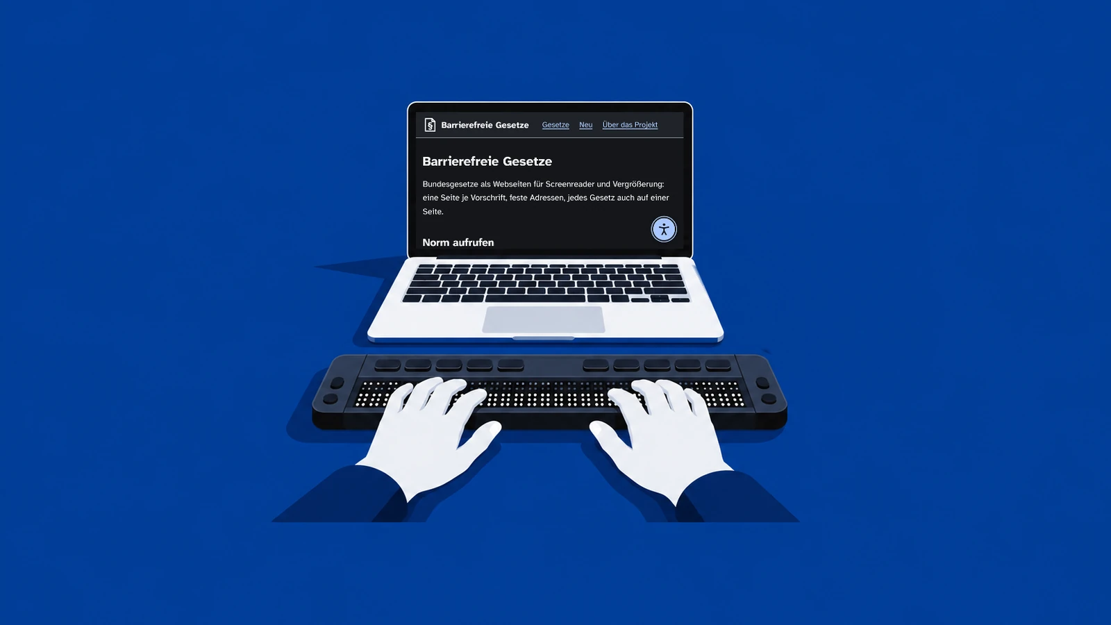 Zwei Hände lesen auf einer Braillezeile, dahinter ein Laptop mit der Startseite dieser Website.