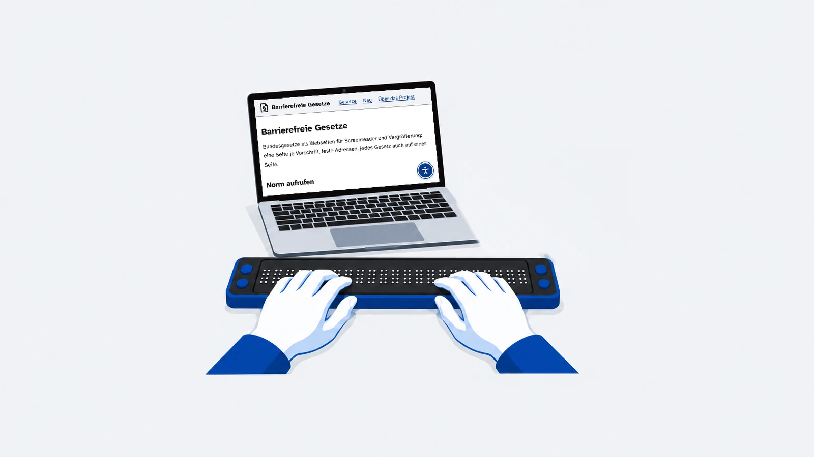 Zwei Hände lesen auf einer Braillezeile, dahinter ein Laptop mit der Startseite dieser Website.